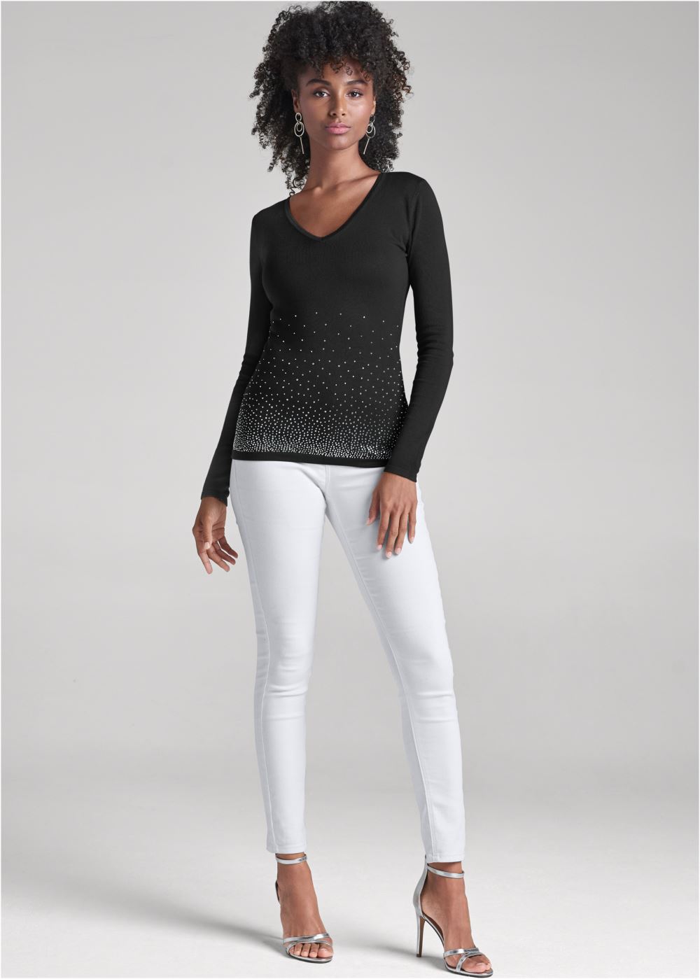 Venus VENUS | Rhinestone V-Neck Sweater in Black