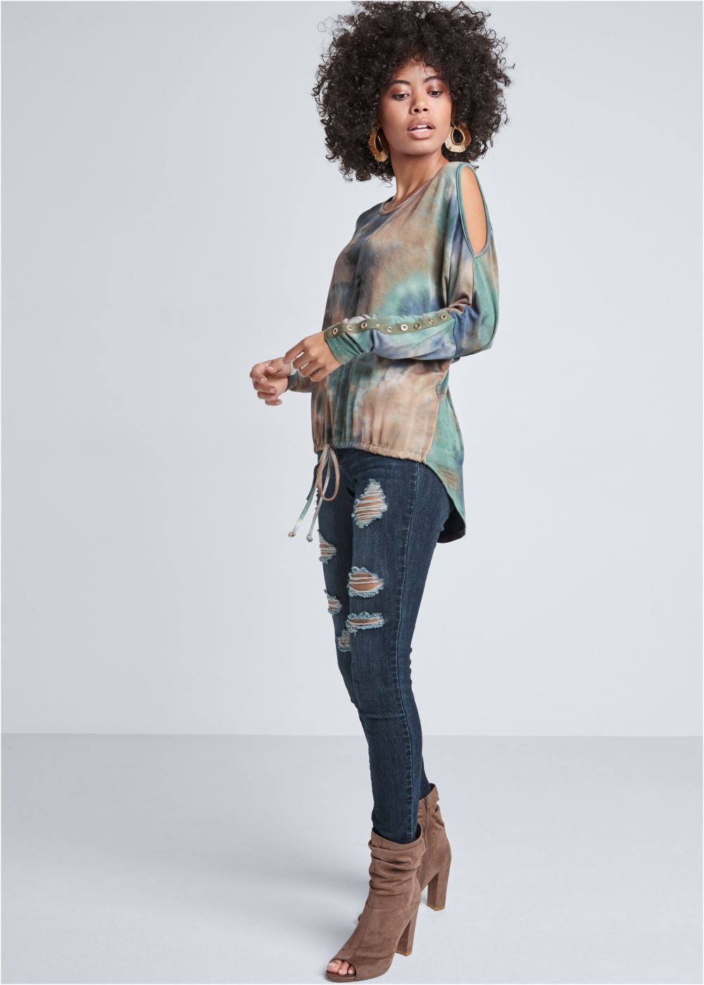 Venus Cold-Shoulder Tie Dye Top in Green Multi