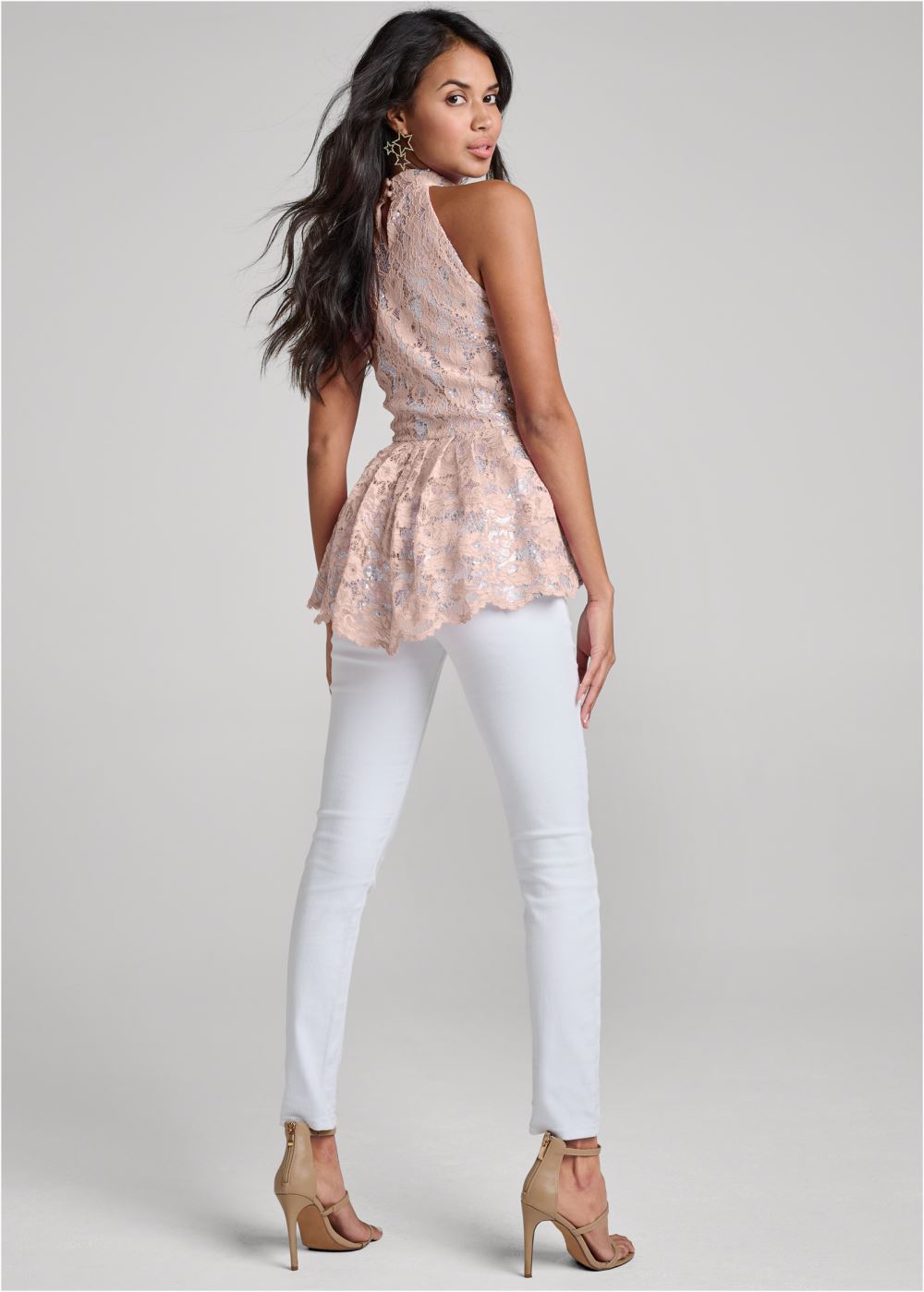 Venus Sequin Lace Mock-Neck Top in Pink & Silver