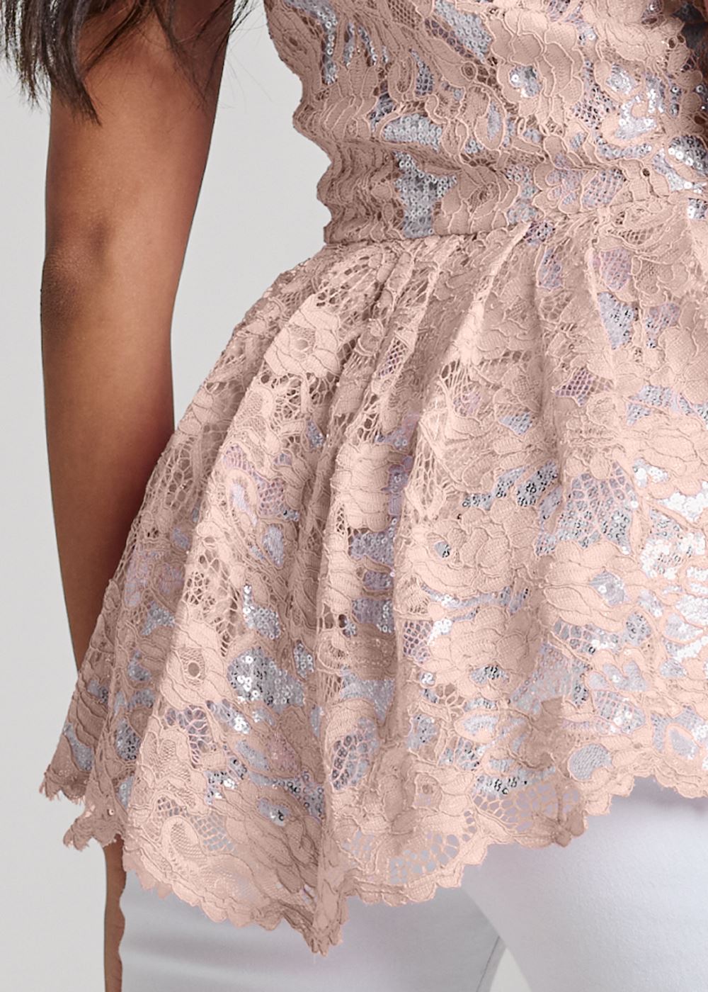 Venus Sequin Lace Mock-Neck Top in Pink & Silver