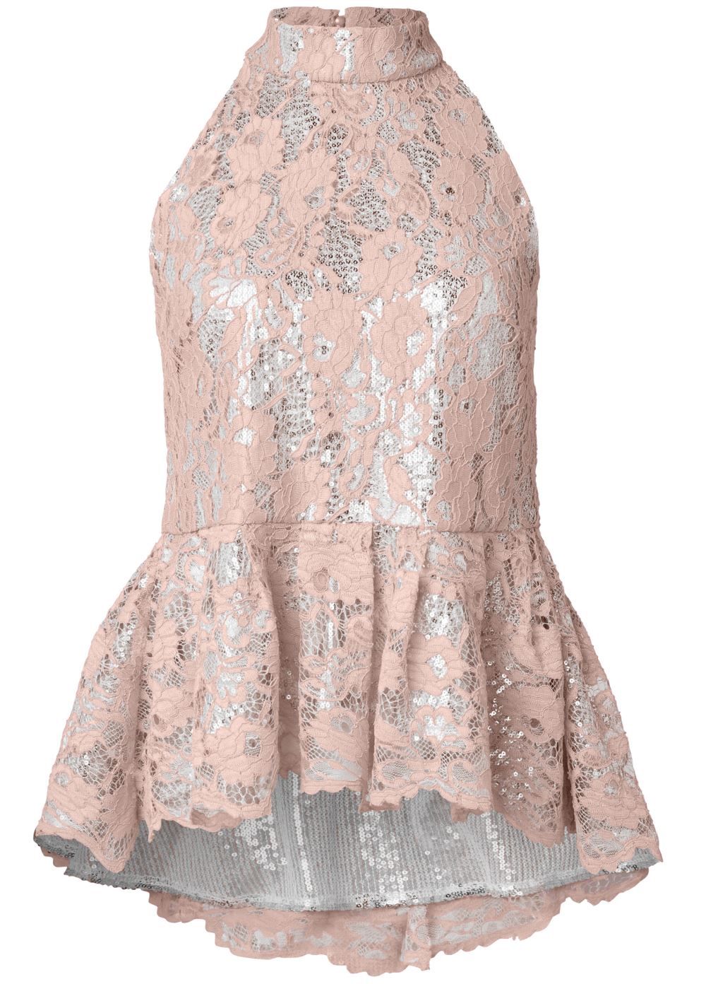Venus Sequin Lace Mock-Neck Top in Pink & Silver