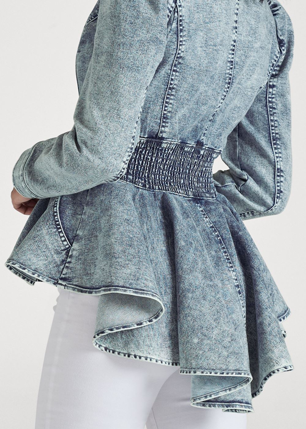 Venus Smocked Peplum Jean Jacket in Cool Wash