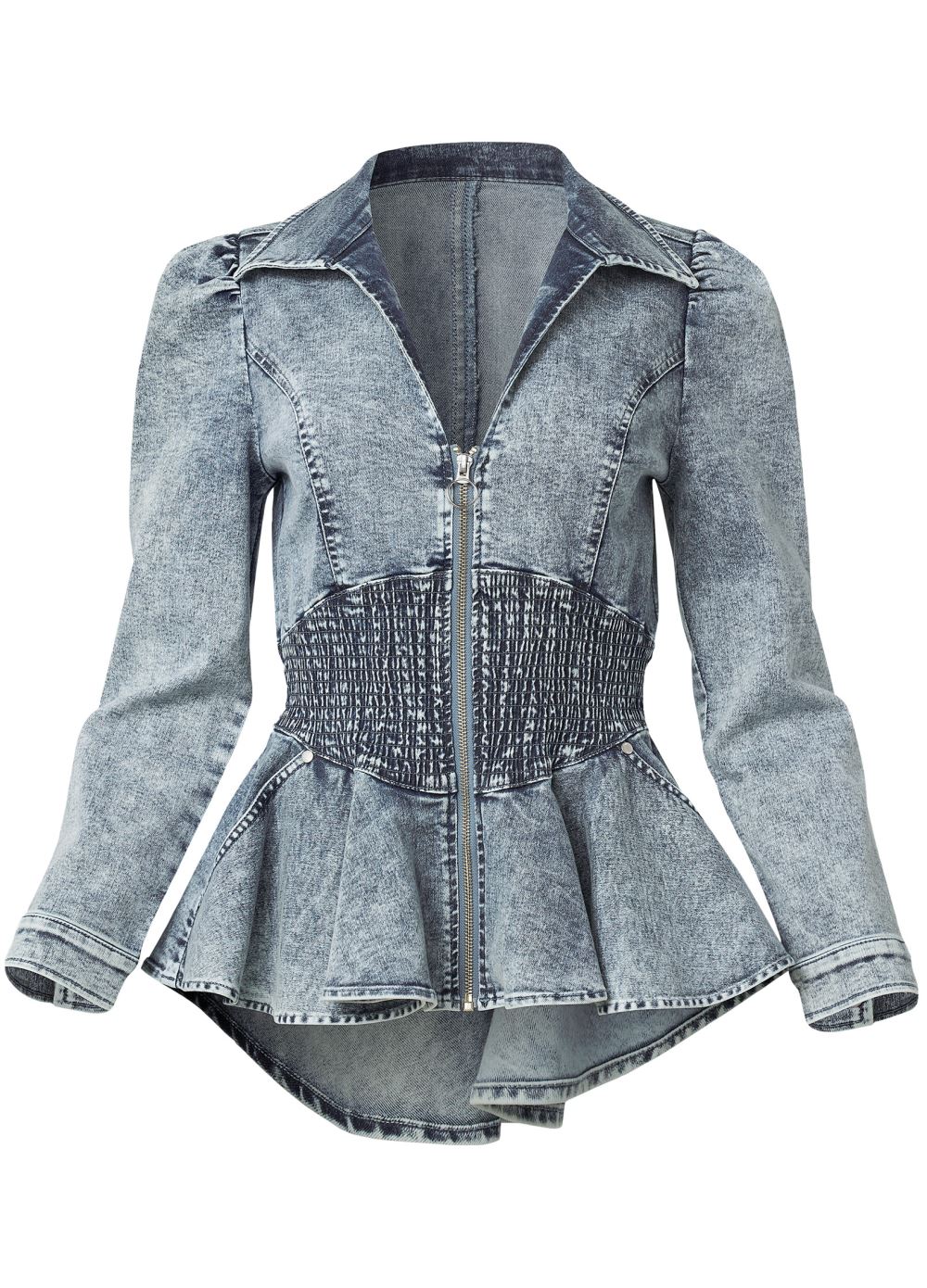Venus Smocked Peplum Jean Jacket in Cool Wash