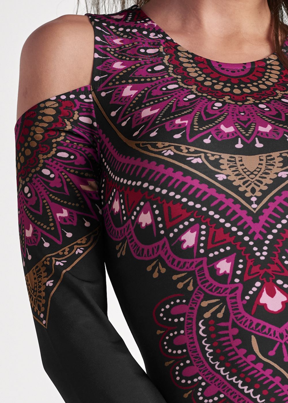 Venus Paisley Cold-Shoulder Dress - Black & Fuchsia