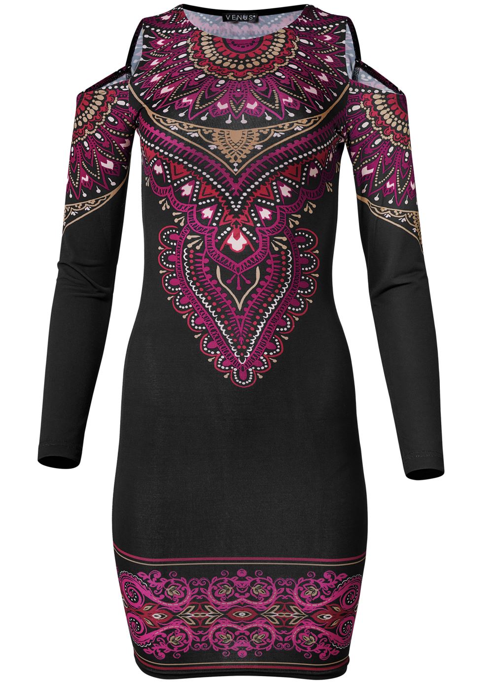 Venus Paisley Cold-Shoulder Dress - Black & Fuchsia