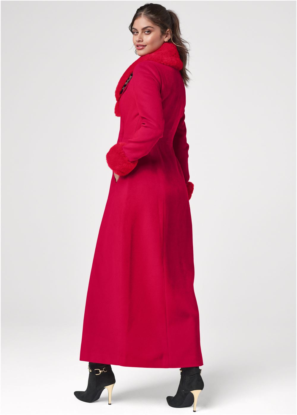 Venus Faux Wool A-Line Glam Coat in Red