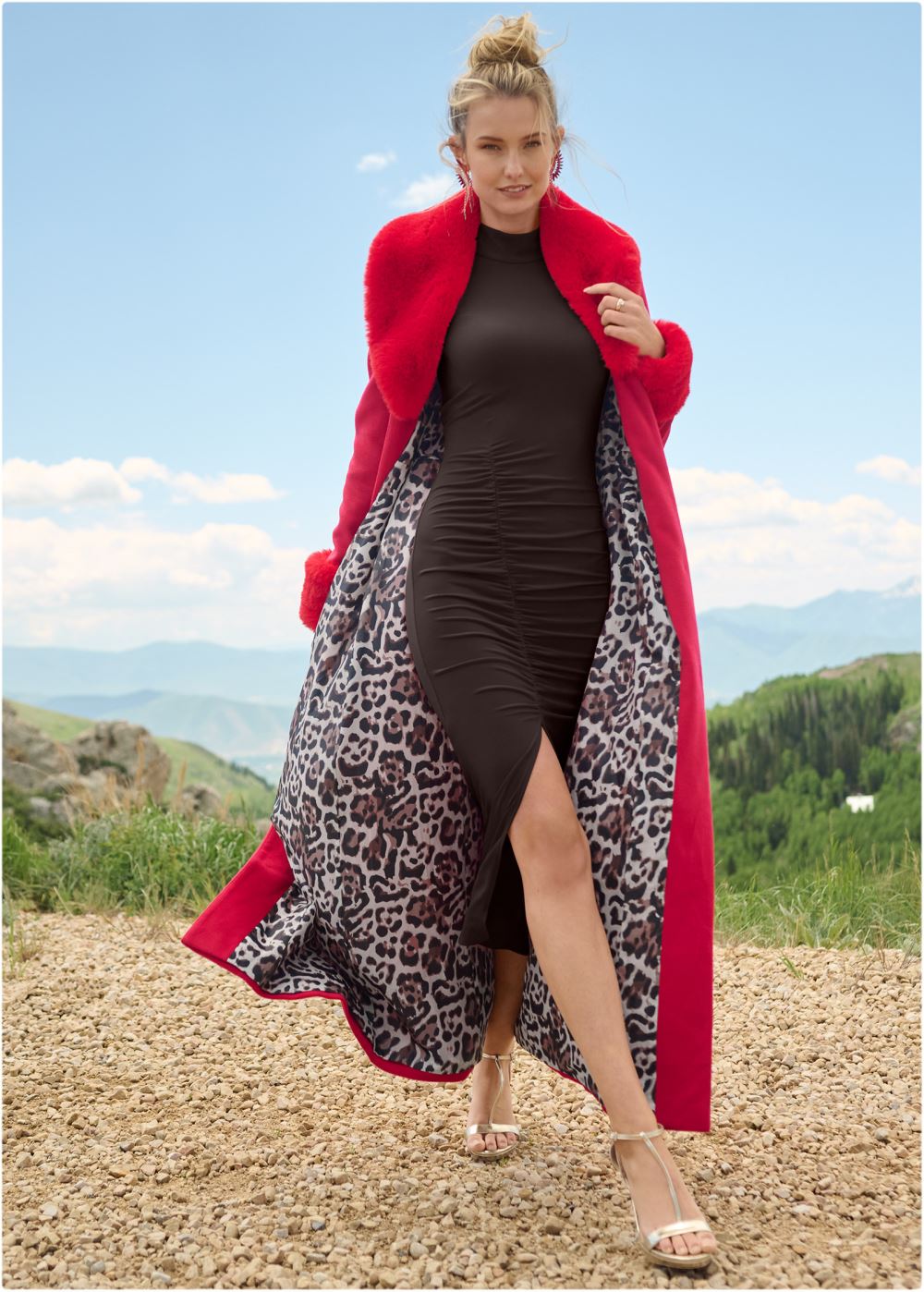 Venus Faux Wool A-Line Glam Coat in Red