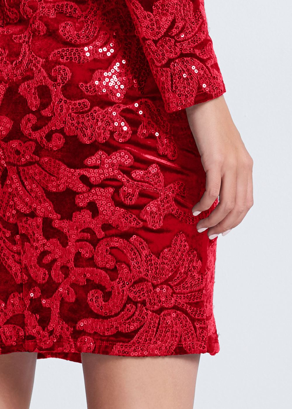 Venus Sequin Velvet Detail Dress - Red