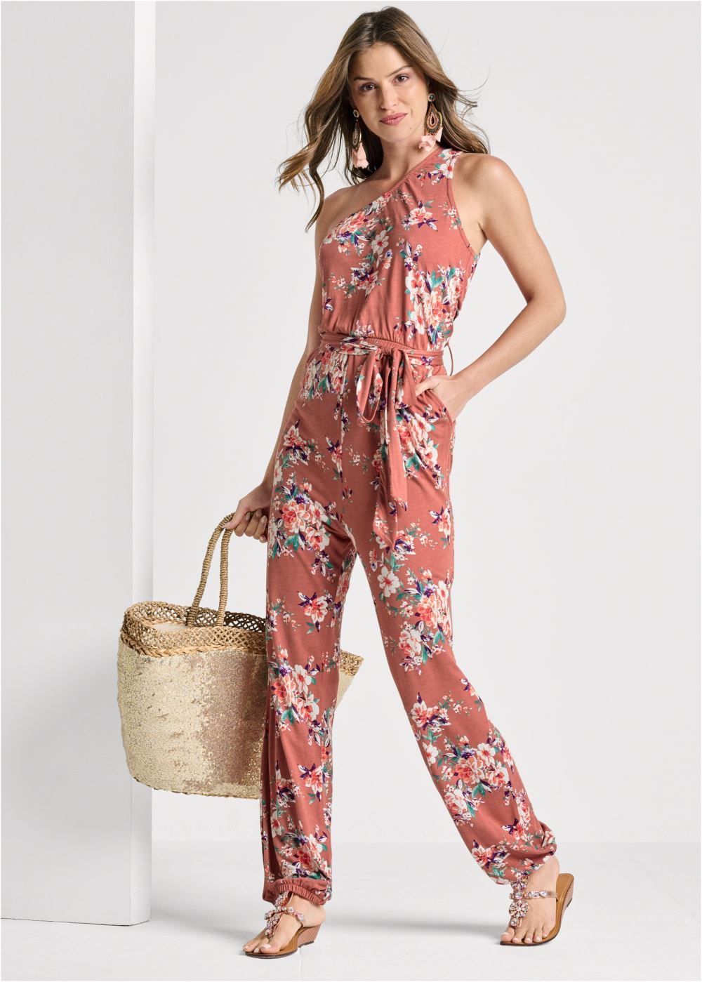 Venus One-Shoulder Jumpsuit in Pink Multi