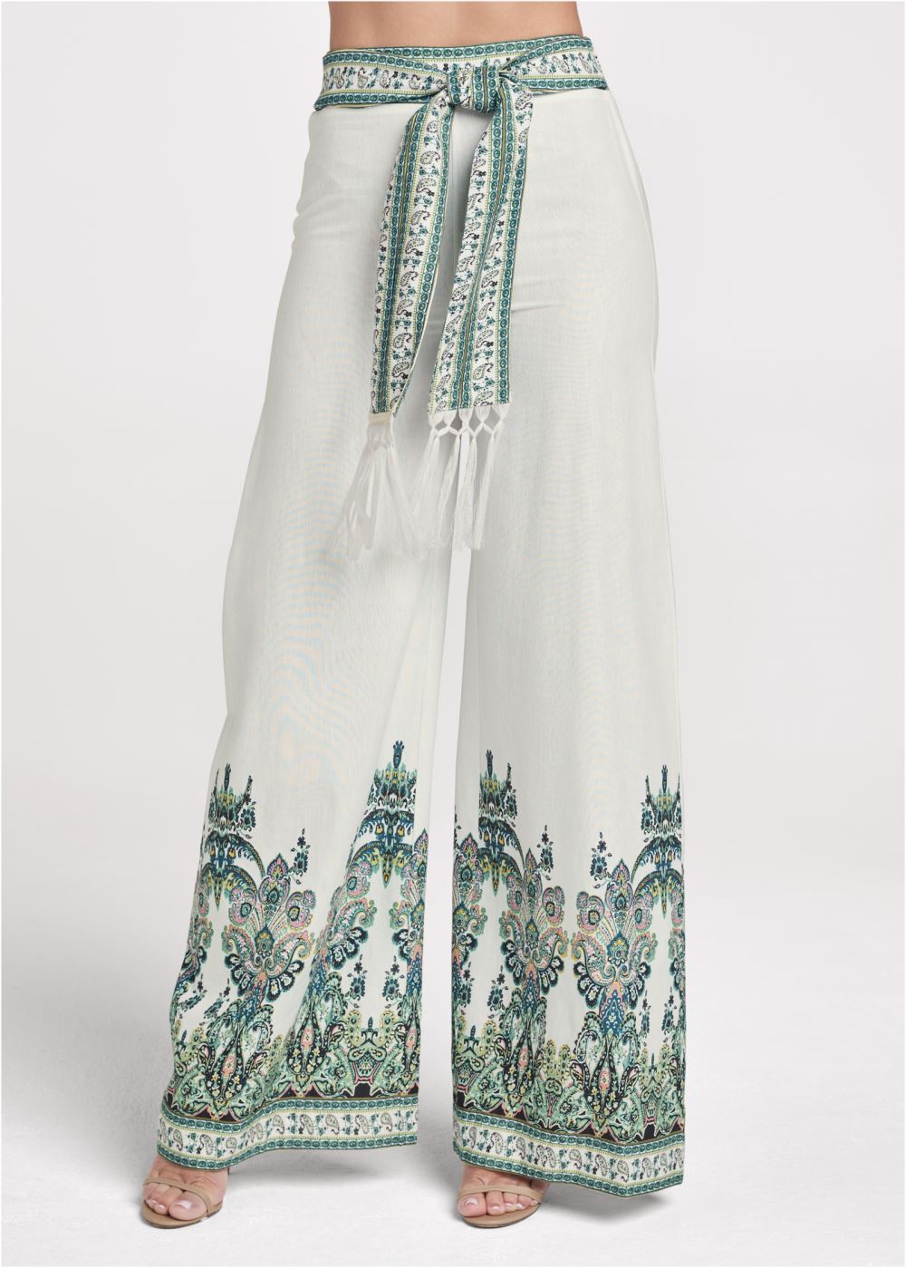 Venus Linen Paisley Print Pants in White Multi