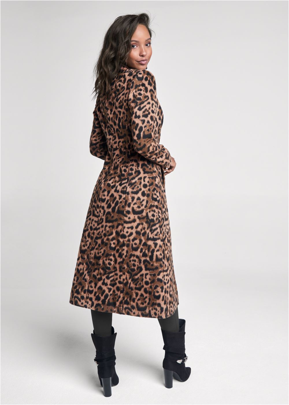 Venus Long Leopard Print Coat in Brown Multi