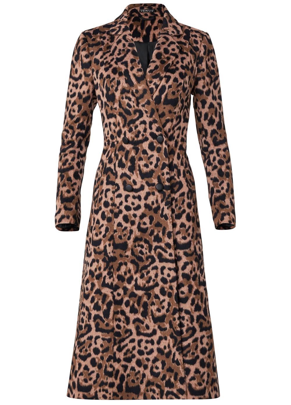 Venus Long Leopard Print Coat in Brown Multi
