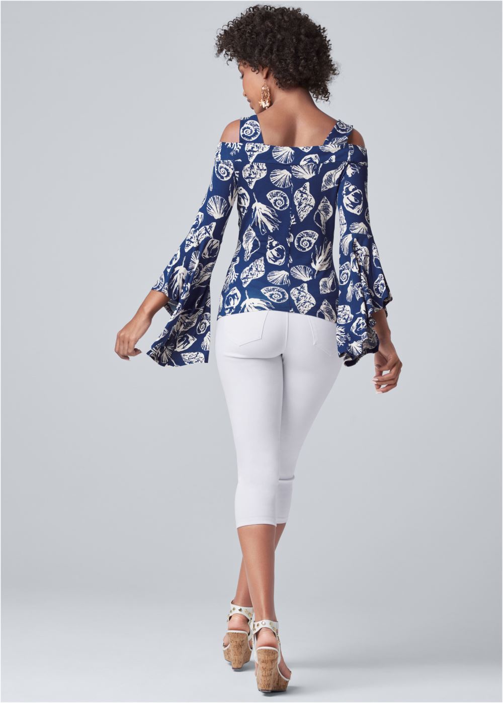 Venus Deep Ocean Bell Sleeve Top in Navy & White