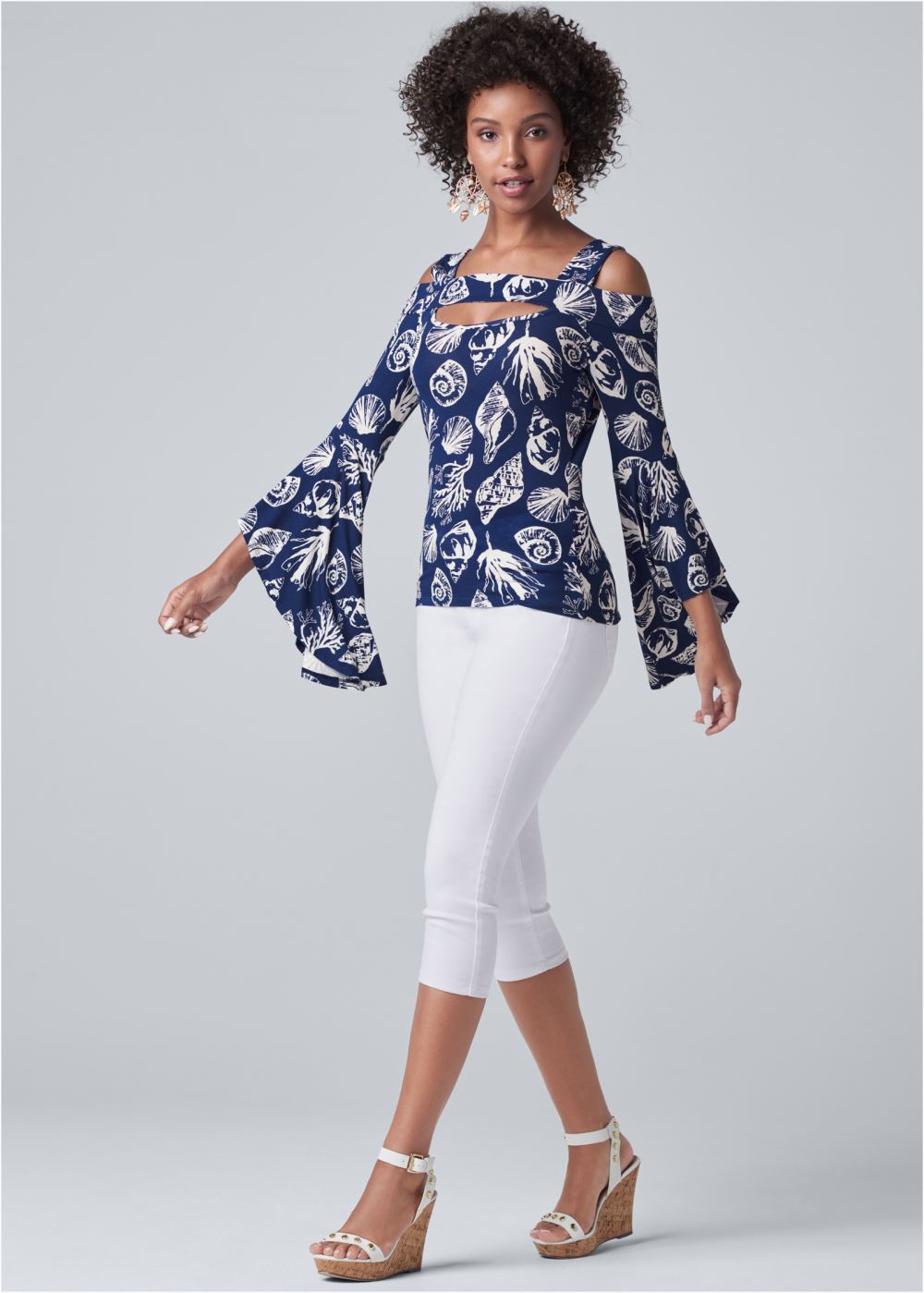 Venus Deep Ocean Bell Sleeve Top in Navy & White