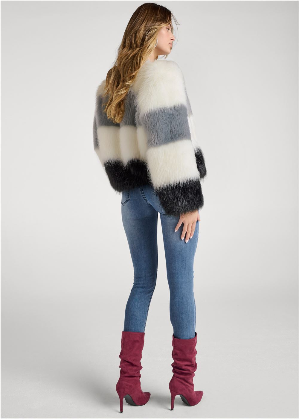 Venus Striped Faux Fur Coat in White Multi