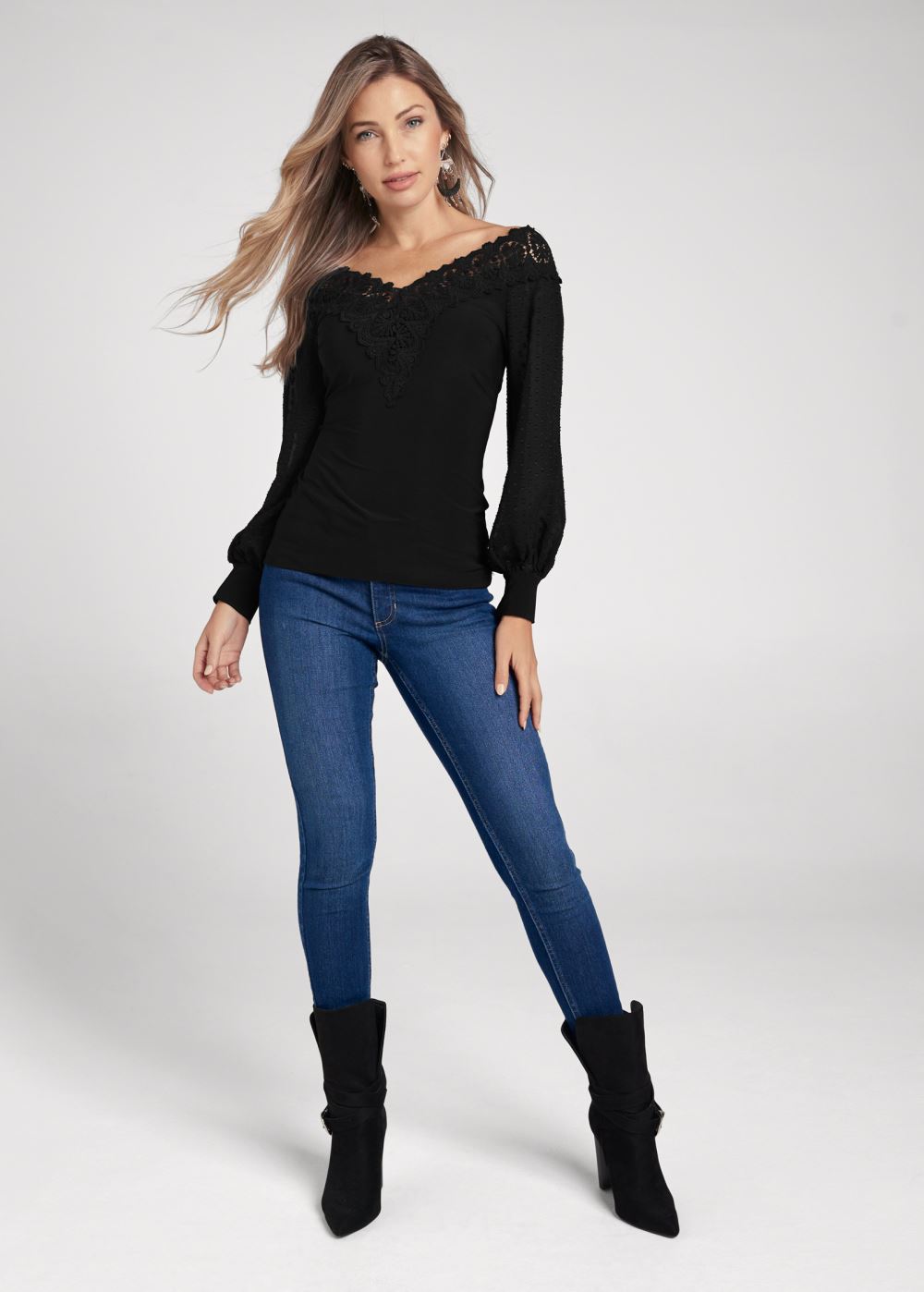 Venus Lace Neckline Top in Black