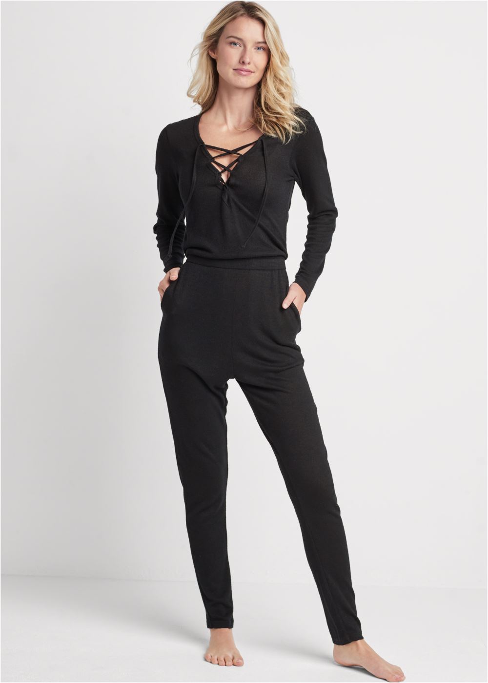 Venus Cozy Hacci Lace-Up Jumpsuit in Black