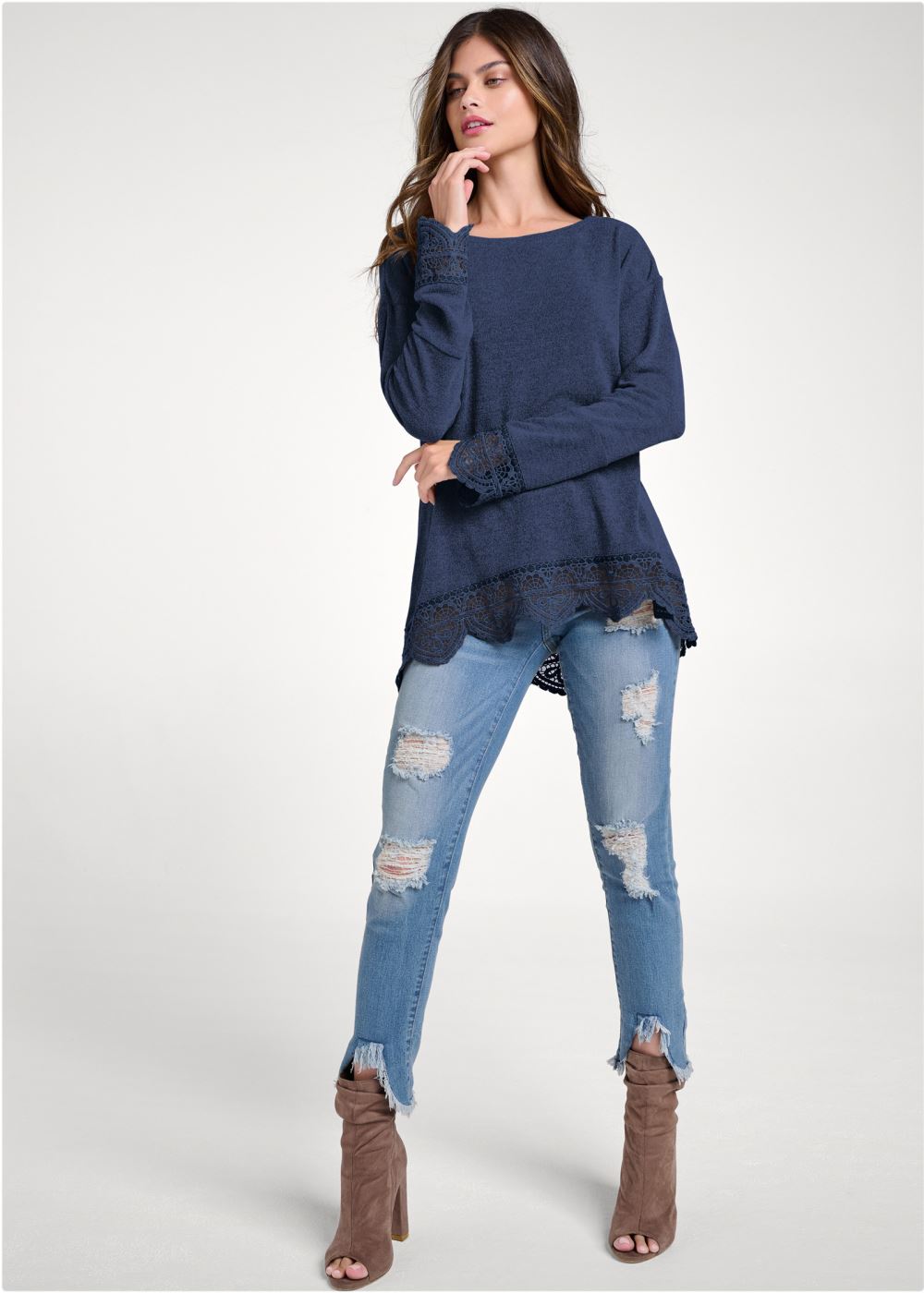 Venus Lace Trim Cozy Knit Top in Navy