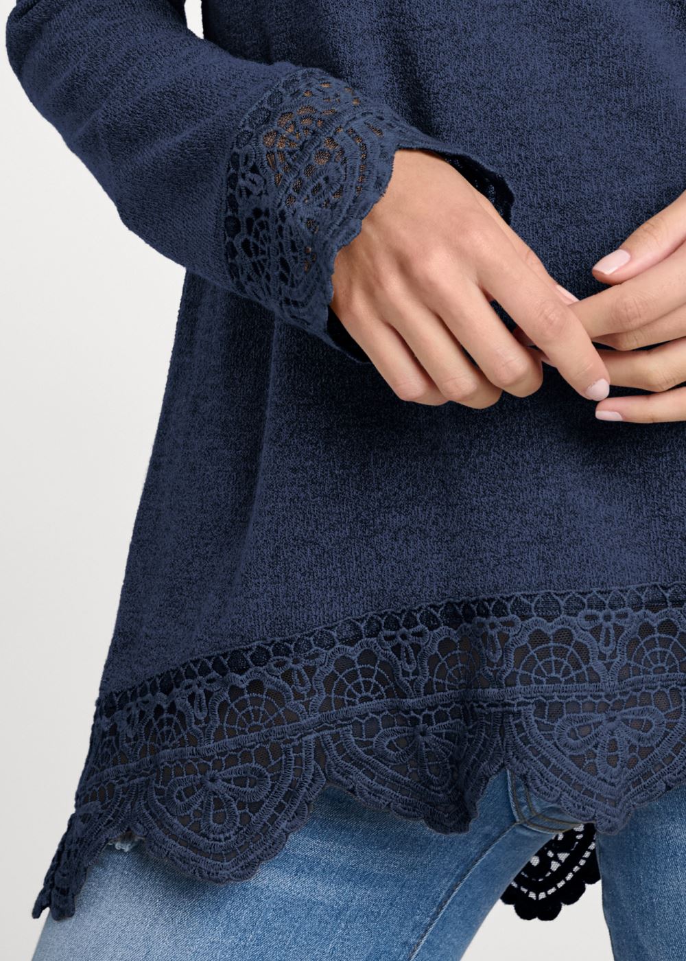Venus Lace Trim Cozy Knit Top in Navy