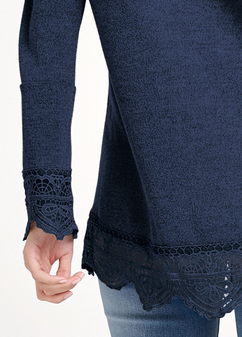 Venus Lace Trim Cozy Knit Top in Navy