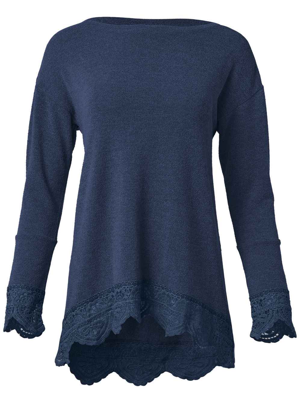 Venus Lace Trim Cozy Knit Top in Navy