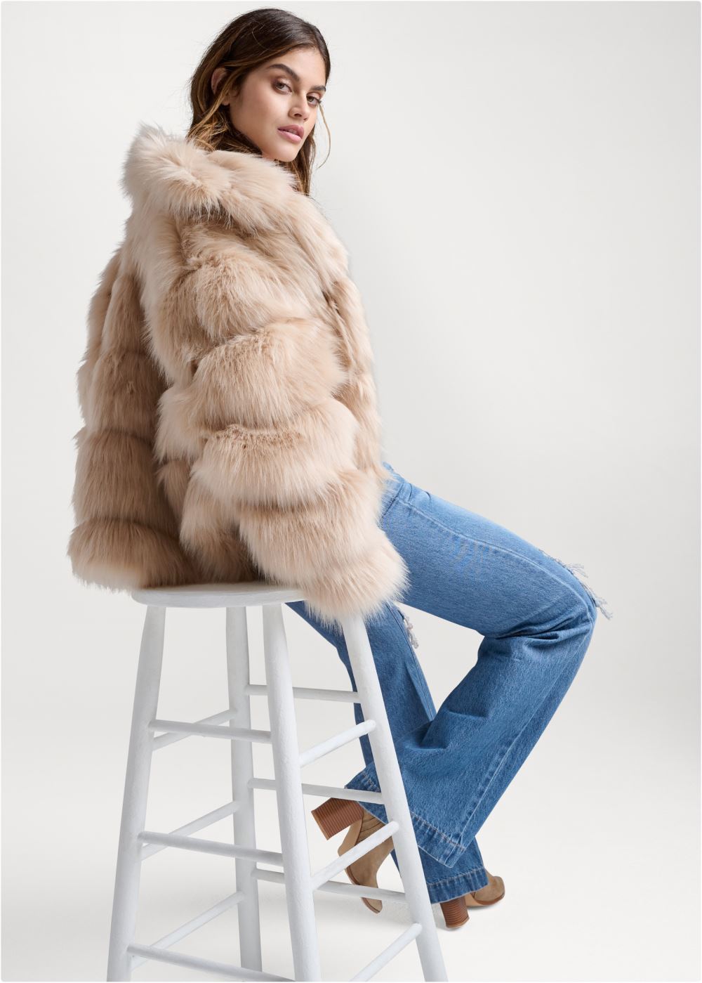 Venus Luxe Tiered Faux Fur Coat in Light Brown