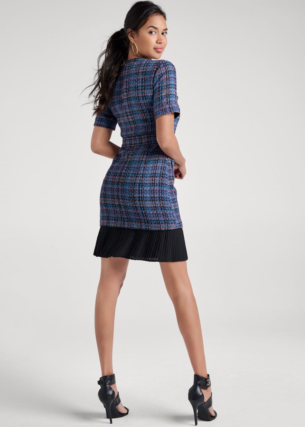Venus Belted Tweed Dress - Navy Multi