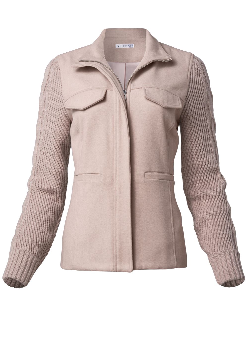 Venus Sweater-Sleeve Zip Jacket in Taupe