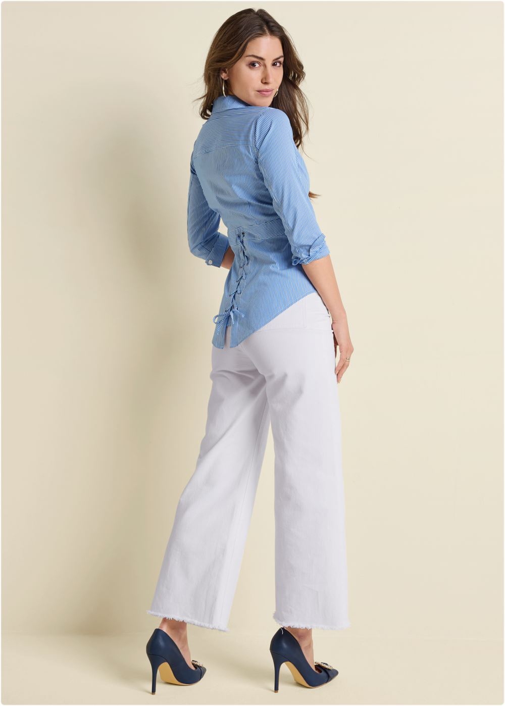 Venus Lace-Up Back Blouse in Blue & White