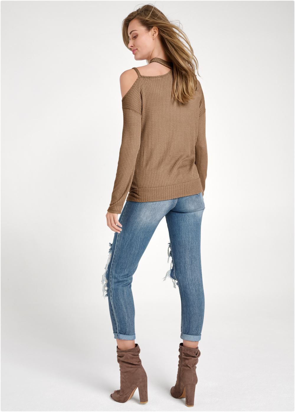 Venus Chain Strap Waffle Knit Top in Light Brown