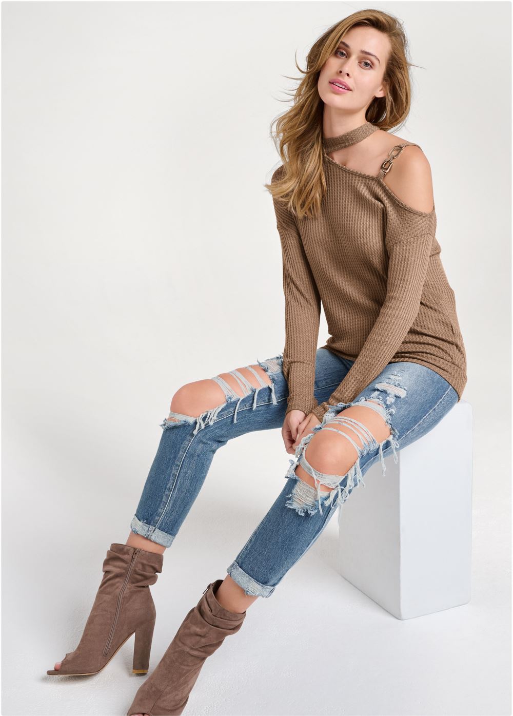 Venus Chain Strap Waffle Knit Top in Light Brown