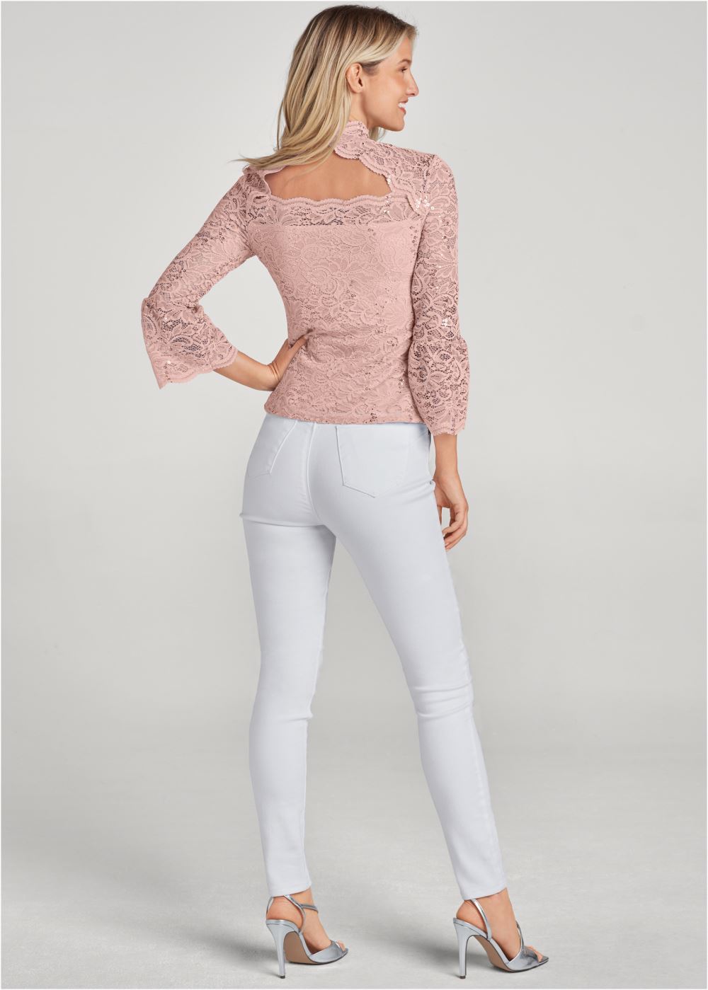 Venus Sequin Lace Mock-Neck Top in Peach