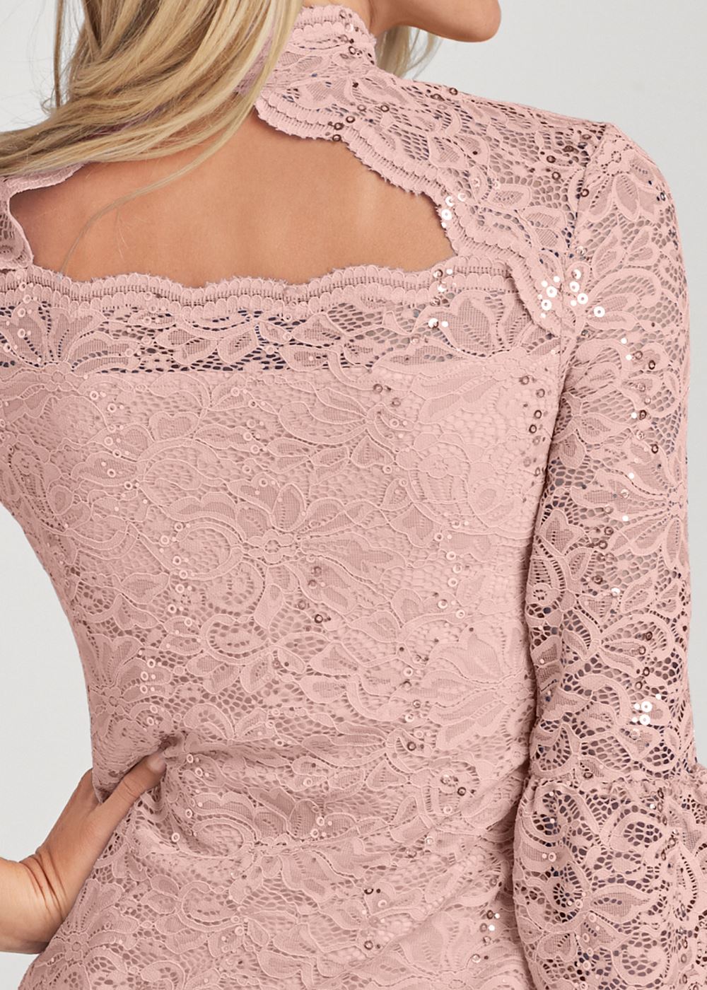 Venus Sequin Lace Mock-Neck Top in Peach