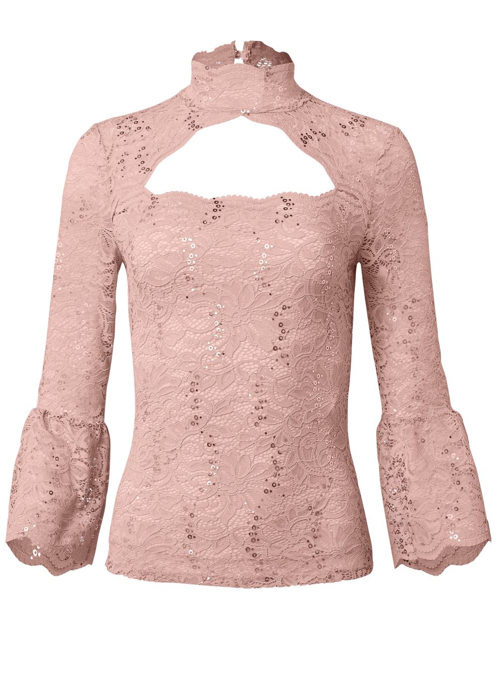 Venus Sequin Lace Mock-Neck Top in Peach