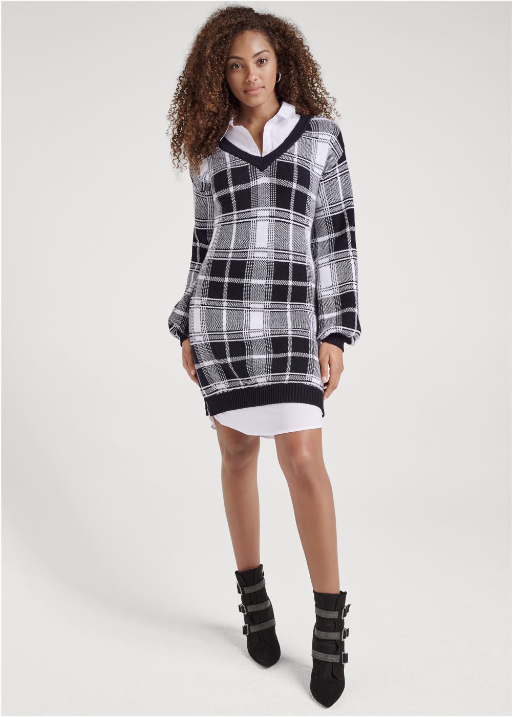 Venus Plaid Layered Sweater Dress - White & Black