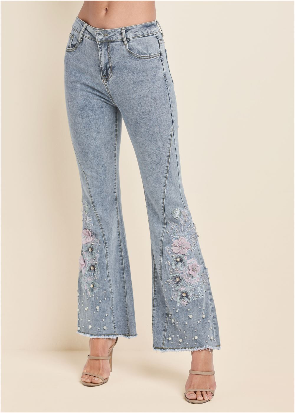 Venus Light Wash FLORAL APPLIQUE WIDE LEG JEANS