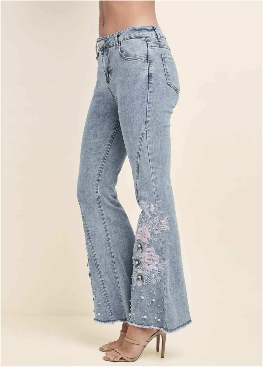 Venus Light Wash FLORAL APPLIQUE WIDE LEG JEANS