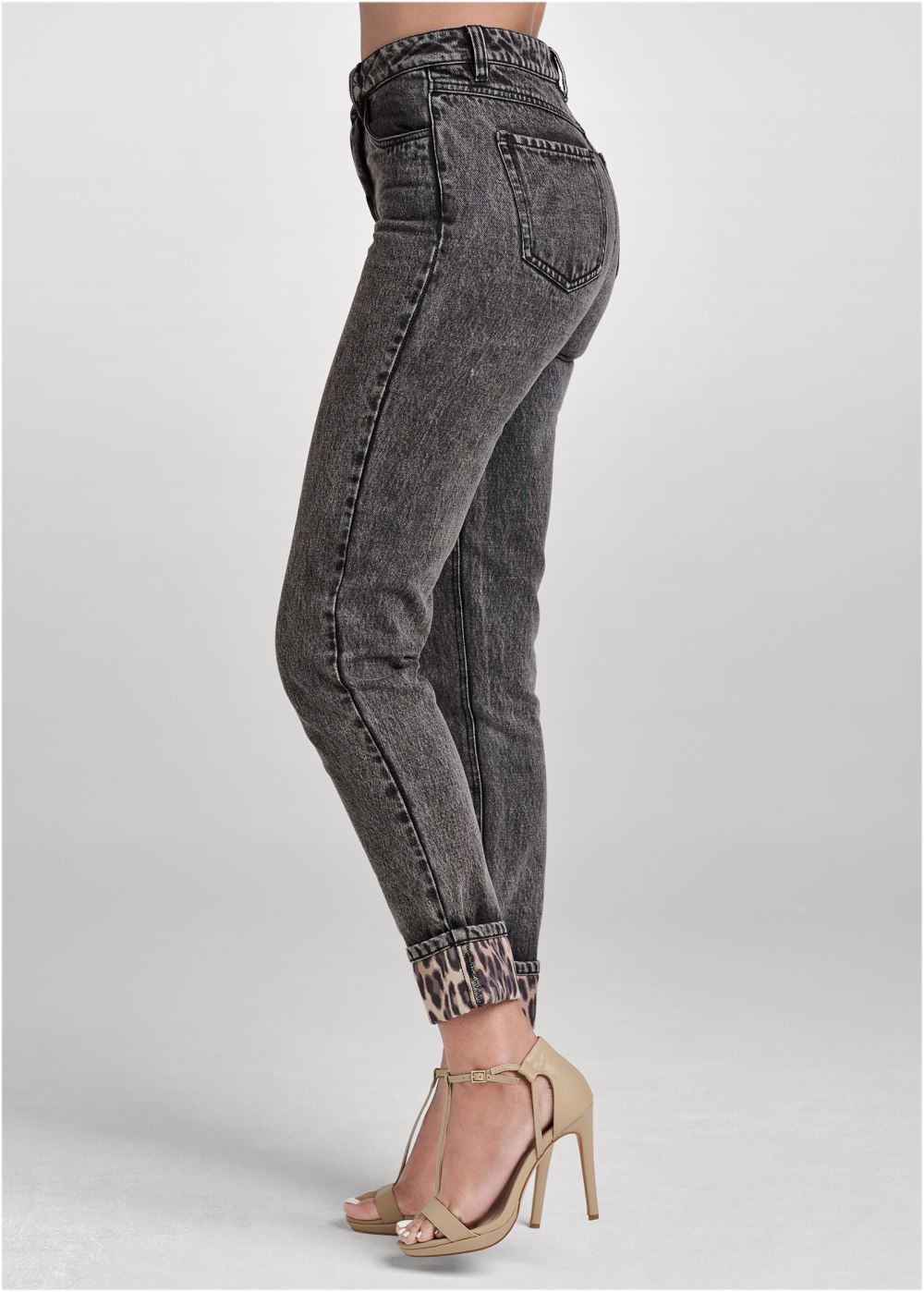 Venus Black Acid Wash New Vintage Leopard Cuff Straight Leg Jeans