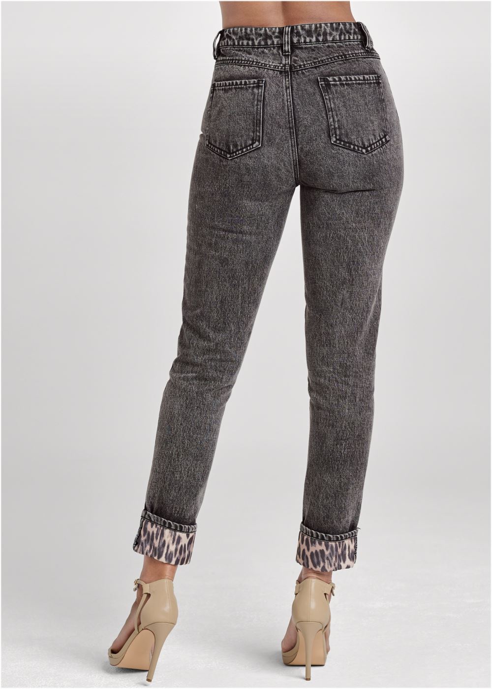 Venus Black Acid Wash New Vintage Leopard Cuff Straight Leg Jeans