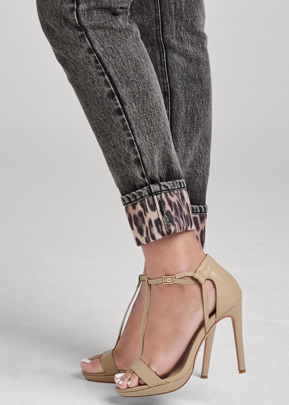 Venus Black Acid Wash New Vintage Leopard Cuff Straight Leg Jeans