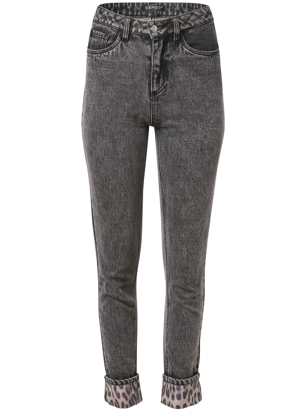 Venus Black Acid Wash New Vintage Leopard Cuff Straight Leg Jeans