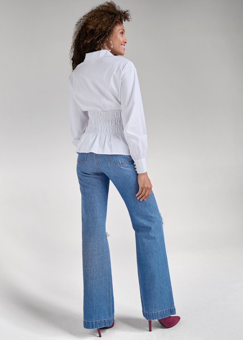 Venus Smocked Waist Peplum Blouse in White