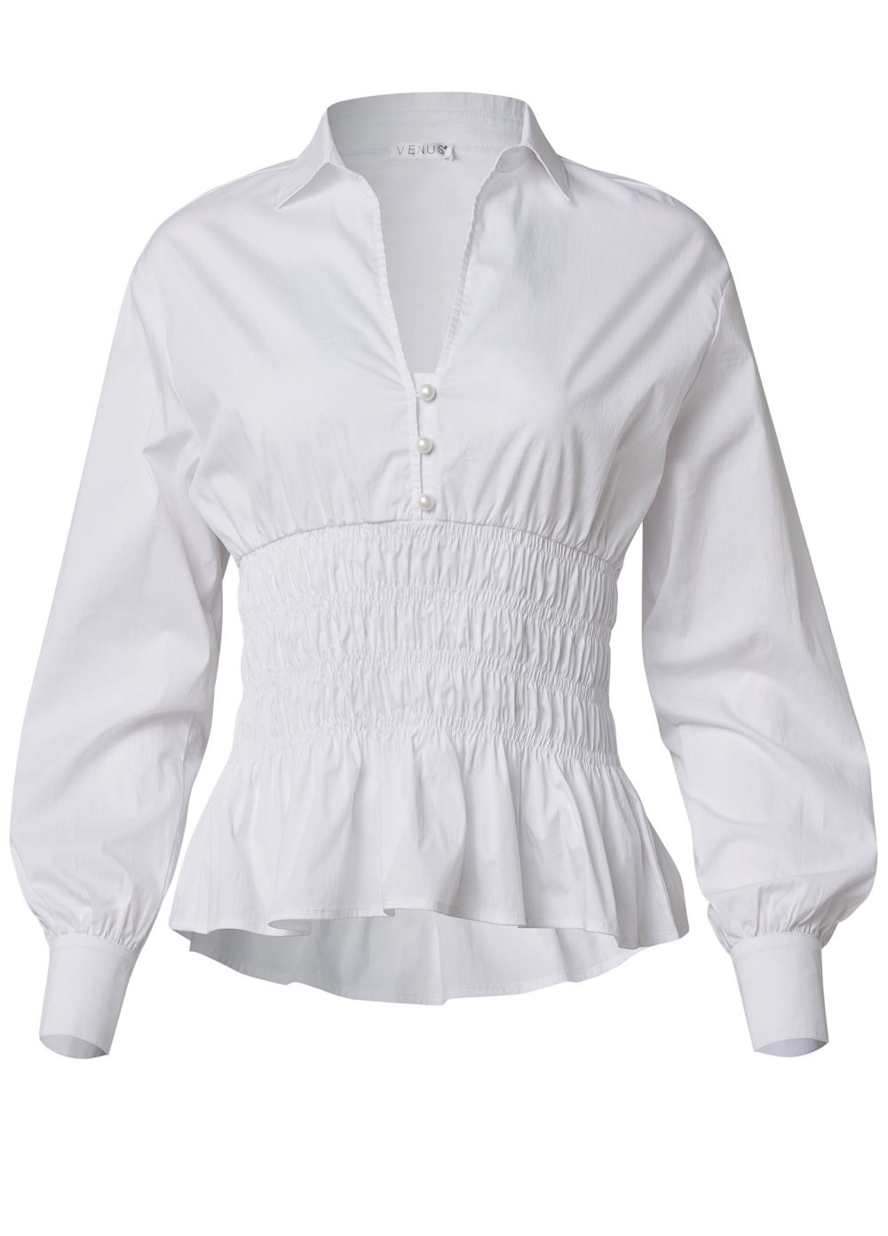Venus Smocked Waist Peplum Blouse in White