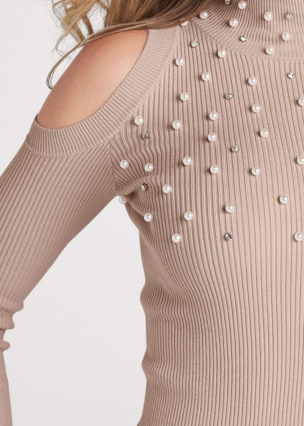 Venus VENUS | Pearl And Stone Embellished Sweater in Light Brown