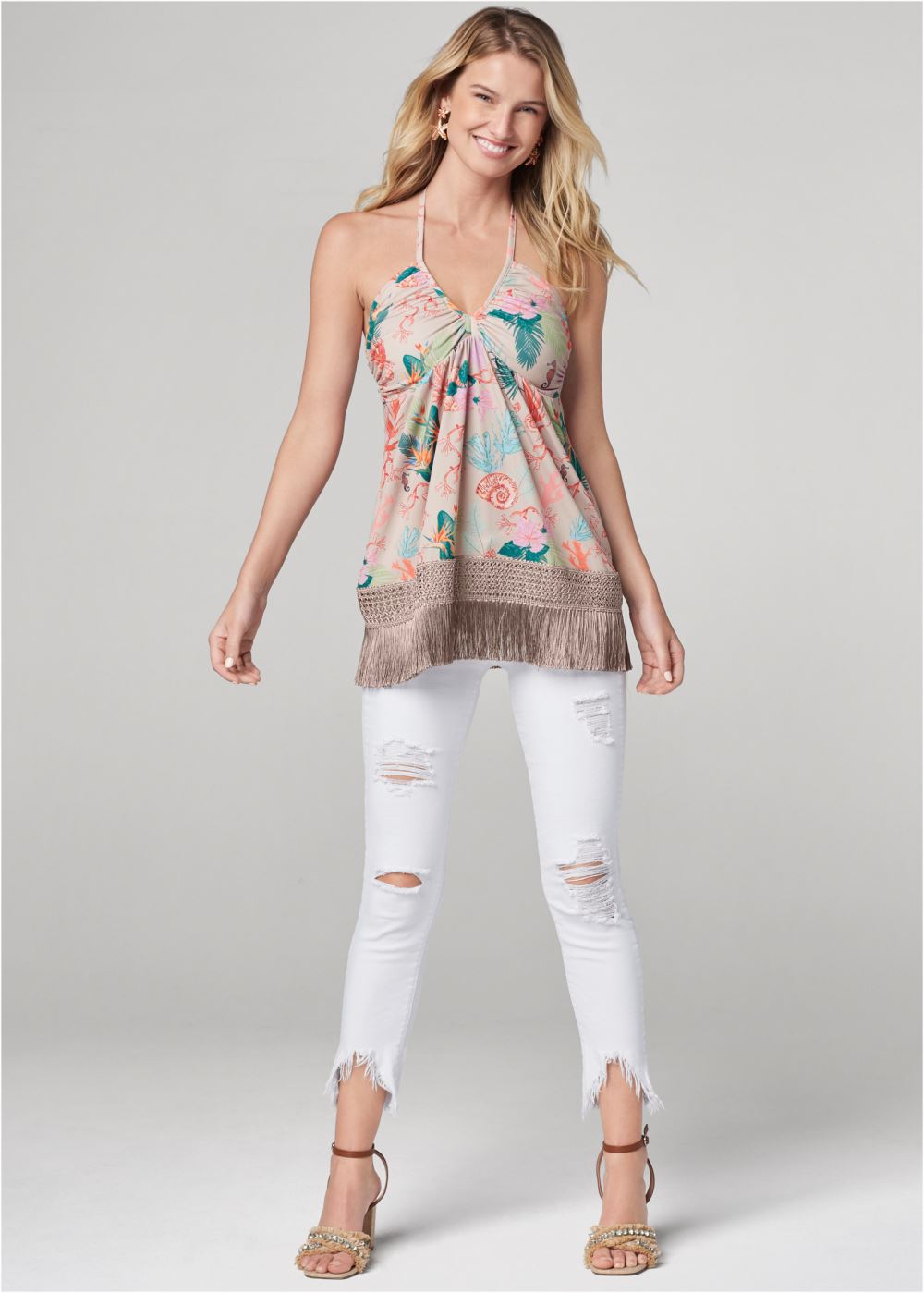 Venus Under-The-Sea Print Halter Top in Cream Multi