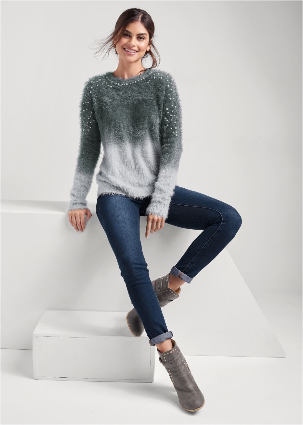 Venus VENUS | Cozy Pearl Trim Sweater in Grey Multi