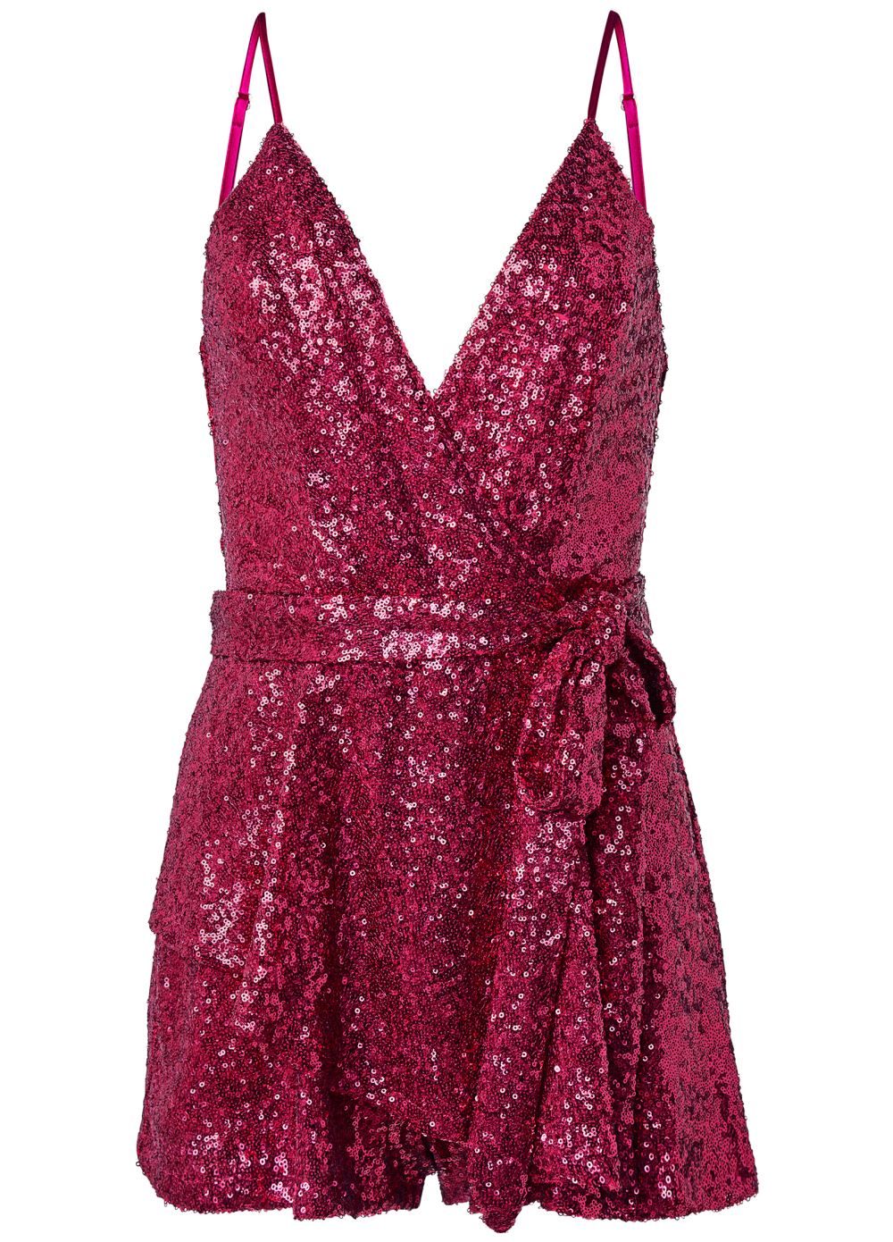 Venus Sequin Belted Romper in Pink