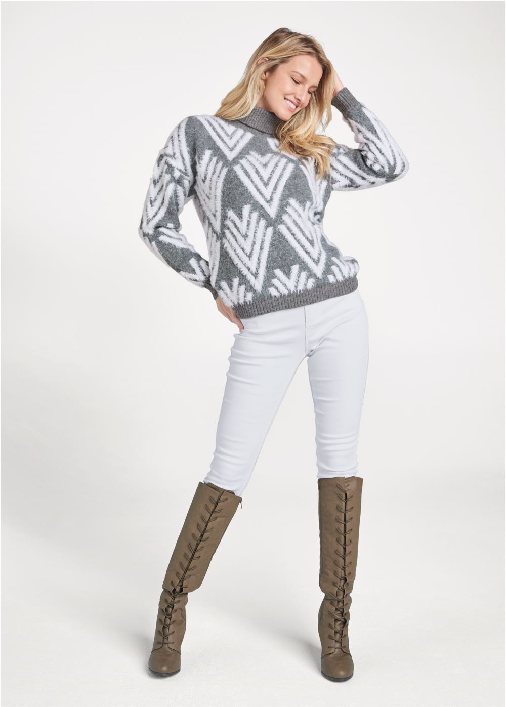 Venus VENUS | Printed Eyelash Turtleneck Sweater in Grey Multi