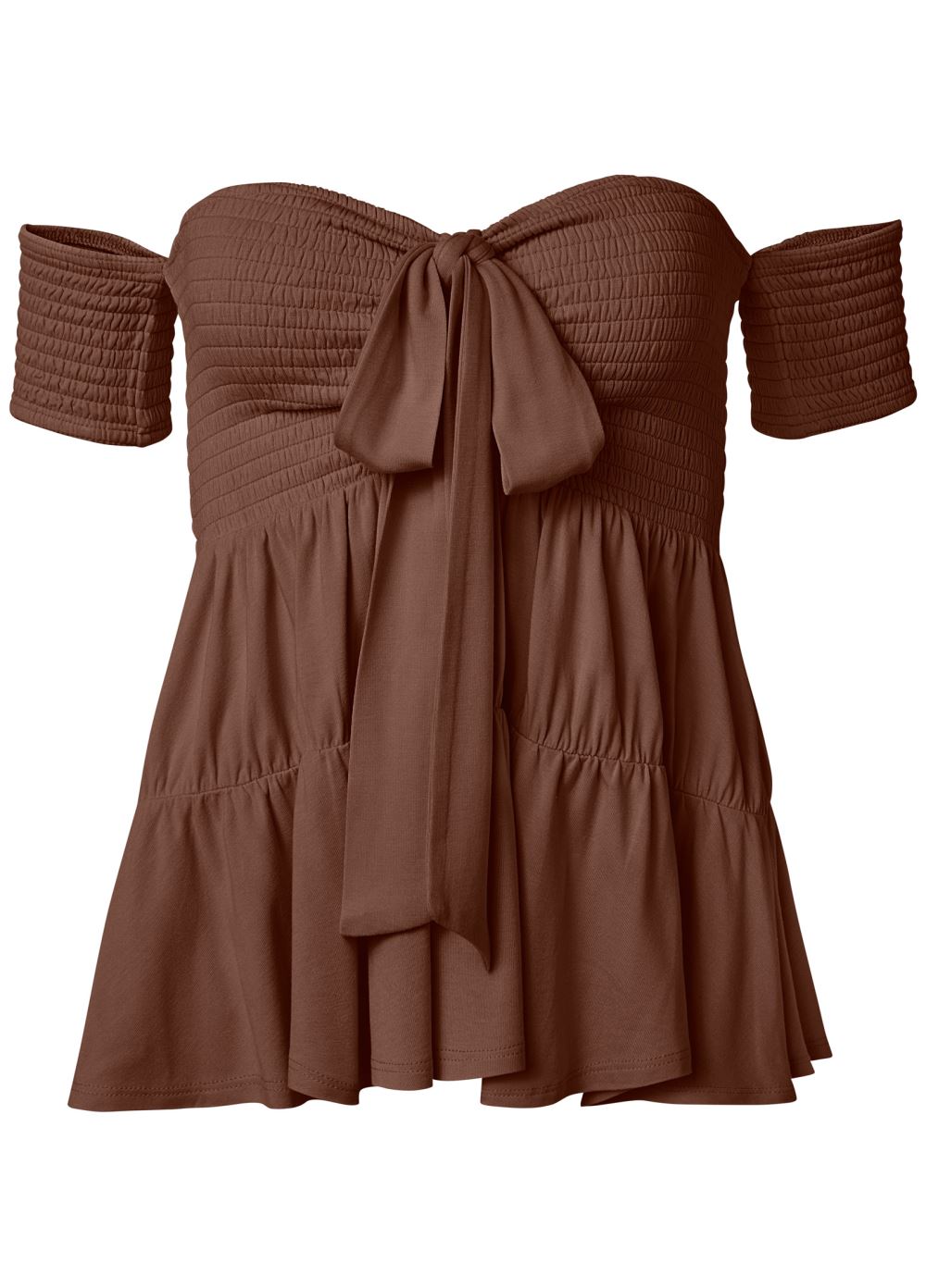 Venus Tie Front Smocked Top in Brown