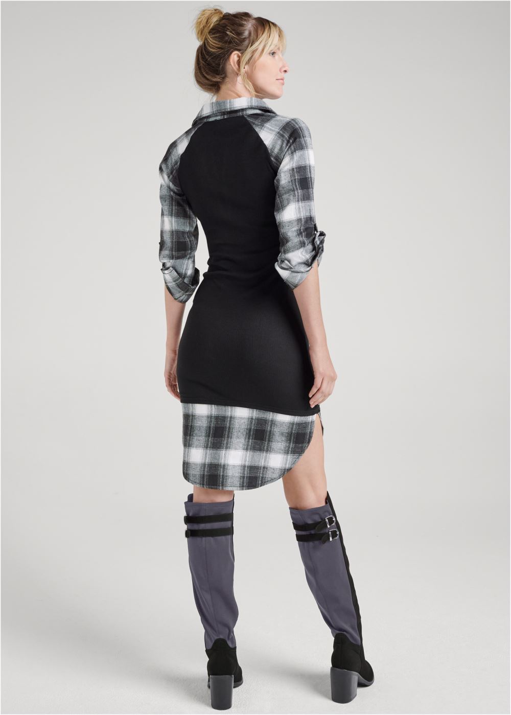 Venus Plaid Detail Henley Dress - Black & White